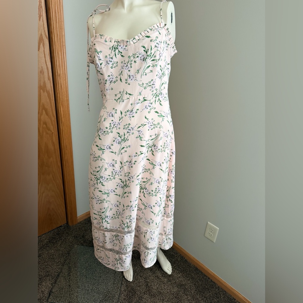 Lulu's Pink and Green Floral Midi Dress